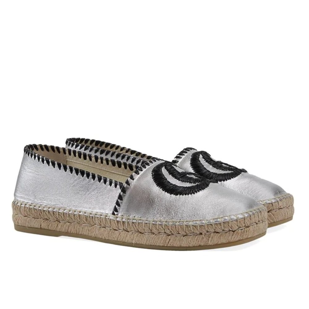 Gucci GG Embroidered Leather Espadrilles in Silver NEW IN BOX W SHOE BAG